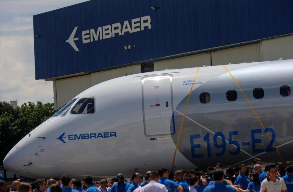 The the E195-E2 commercial jet's first prototype is pictured in Sao Jose dos Campos